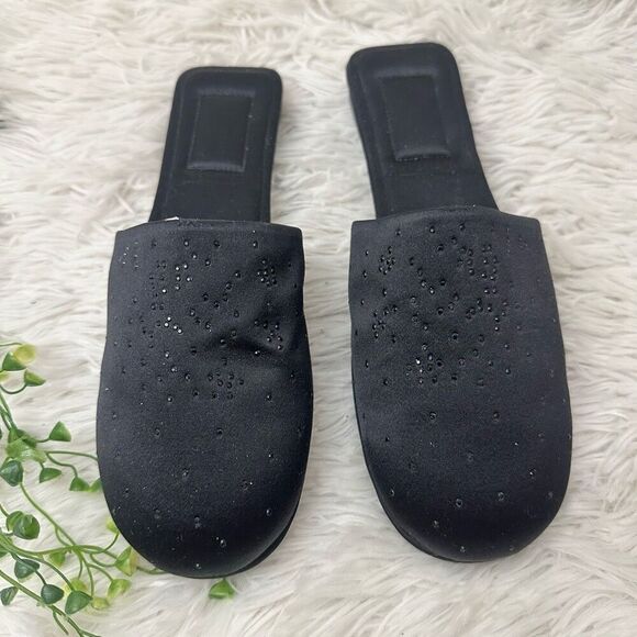 Alima Italy Flat Slip On Mules Slide Black Studded Sparkly Satin size 6 NEW - Picture 2 of 9